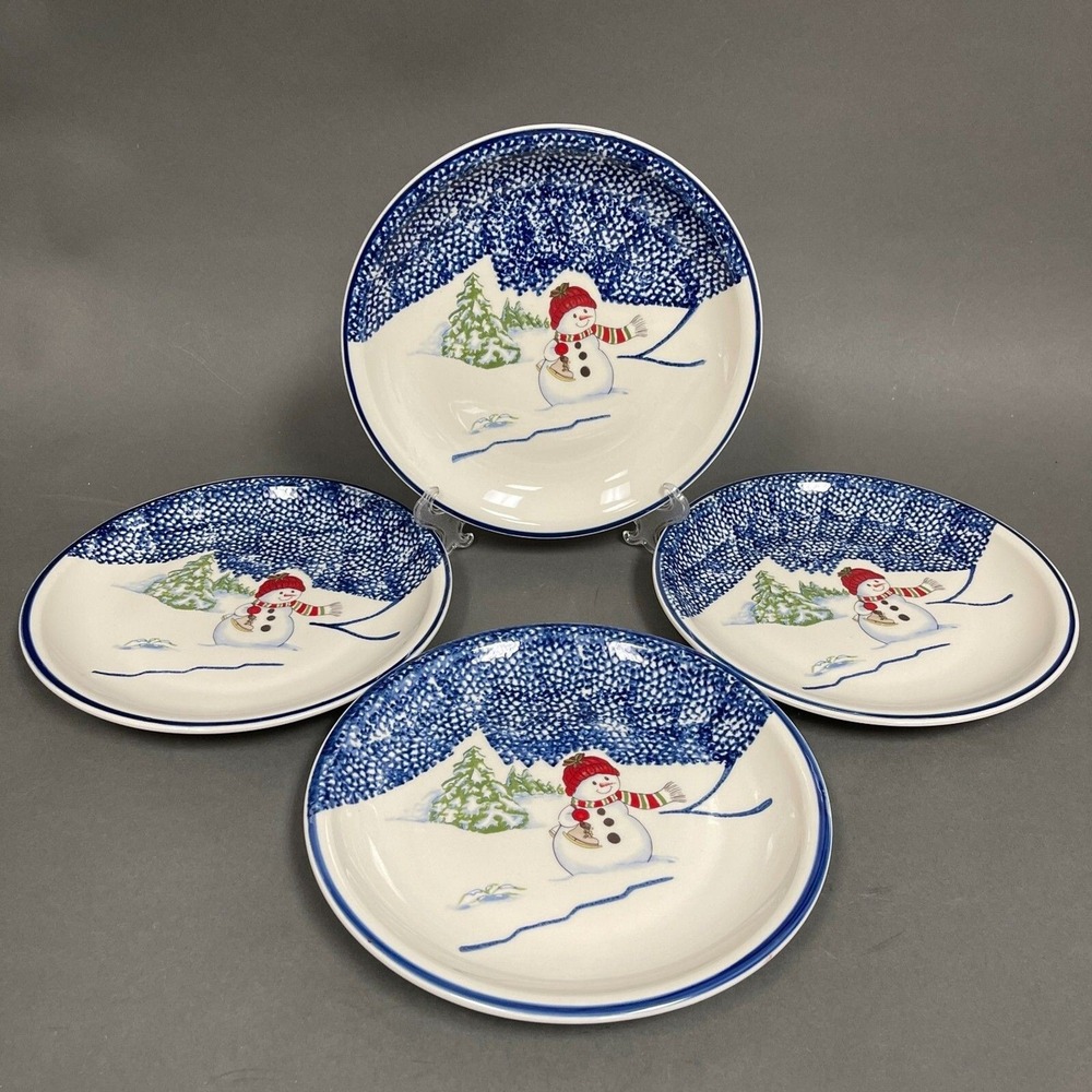 Thomson Pottery Dinner Plates Snowman Blue White‎ 10" Snow Lot of 4